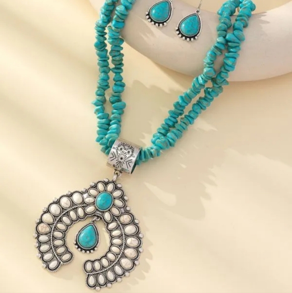 Turquoise and Silver Necklace and Earring Set - Picture 3 of 6